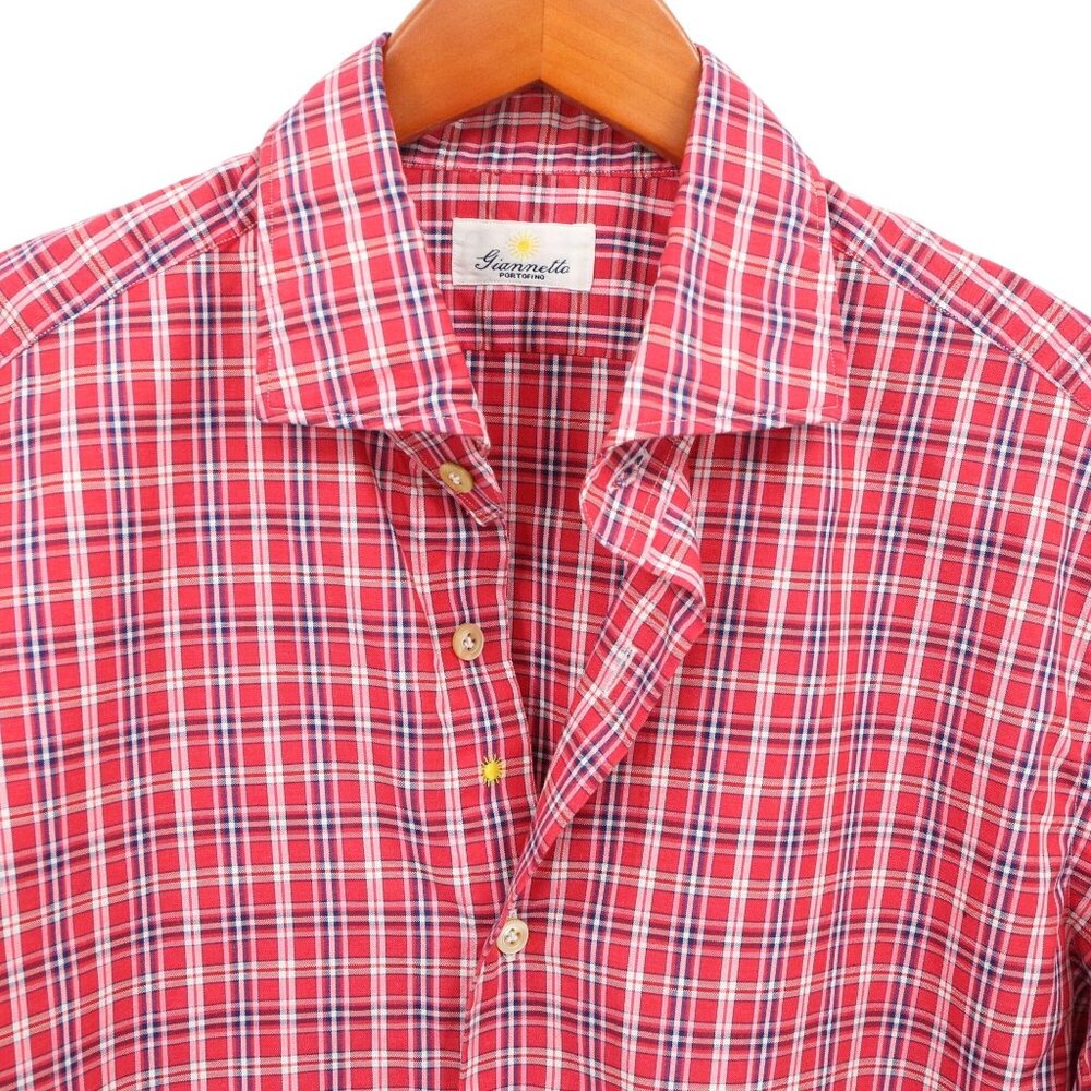 Giannetto Portofino Red Navy Plaid Button Front Long Sleeve Shirt M